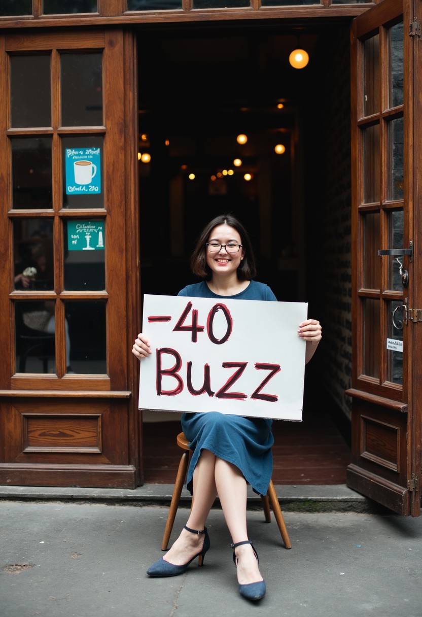 A Woman sitting on a Chair outside of a Café Holding Up a sign with the words " -40 Buzz"