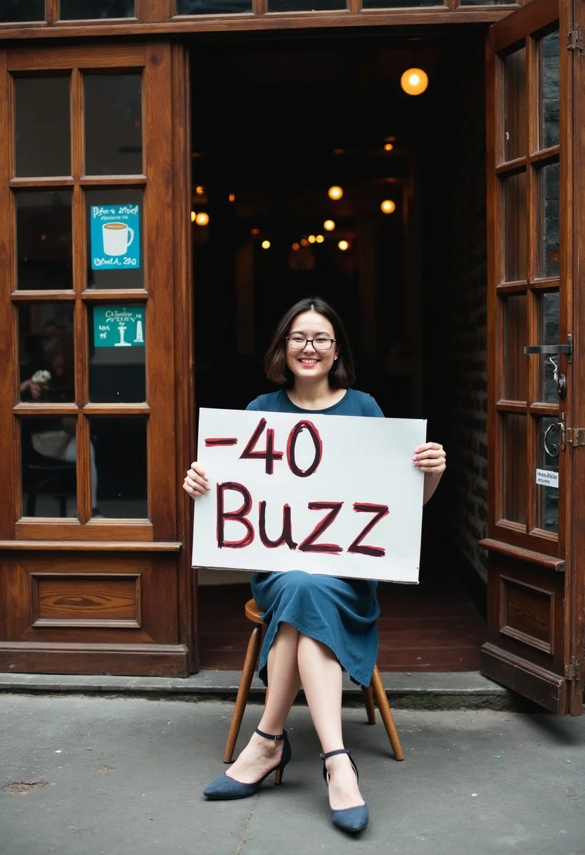 A Woman sitting on a Chair outside of a Café Holding Up a sign with the words " -40 Buzz"