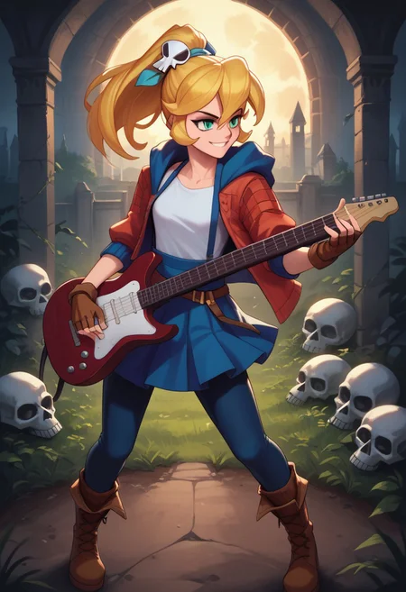 score_9, score_8_up, score_8, 1girl, electric guitar, holding guitar, smirking, smirk, field of view, dynamic pose, dynamic angle, detailed backgrounding , standing in crypt, dark crypt, nighttime, moonlight,
rift cadence, rift cadence, solo, skirt, blonde hair, shirt, hair ornament (skull), gloves, green eyes, jacket, suspenders, ponytail, pantyhose, boots, open clothes, belt, hood, fingerless gloves, open jacket, blue skirt, brown footwear, red jacket, brown gloves, (masterpiece, detailed:1.2), Dark Fantasy page