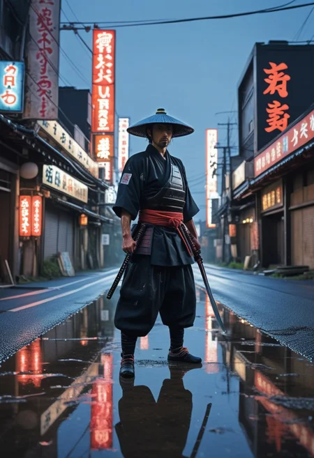 jav cover, film cover of A hyper-realistic shot from a low-angle perspective, capturing a lone samurai standing in the center of an abandoned modern Japanese town. The camera looks up, showcasing the towering neon billboards, flashing lights, and glowing advertisements that still illuminate the deserted streets. The samurai, dressed in a traditional wooden hat (jingasa) and gripping a katana, stands in the empty road. His presence contrasts starkly with the modern, high-tech surroundings. The reflections of neon signs shimmer in puddles on the cracked asphalt, adding an eerie glow to the stillness of the scene, japanese text, text, art cover