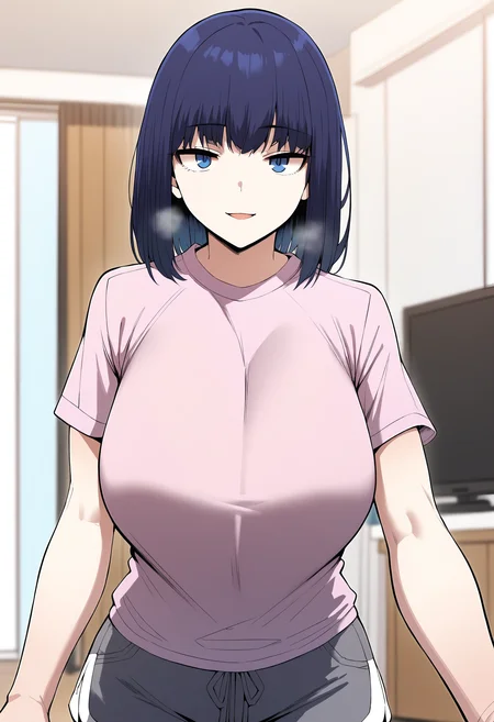 score_9, score_8_up, score_7_up, score_6_up, source_anime, rating_explicit, <lora:neg4all_bdsqlsz_V3.5:2.0>1girl, (solo:1.1), huge breasts, <lora:Na Min-jeongponyxl:1> blue eyes, medium hair, blue hair, pink shirt, short sleeves, t-shirt, grey shorts, smile, parted lips, Narrow shoulders, heavy breathing, steaming body, living room, indoors, looking at viewer