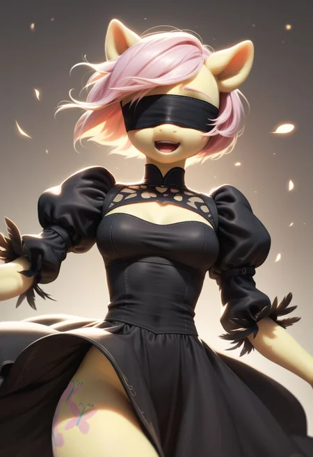 score_9, score_8_up, score_7_up, score_5_up, FLuttershy, pony, antro, 2BNAXL, blindfold, white hair, short hair, black dress, extremely detailed face, high quality, dynamic pose,