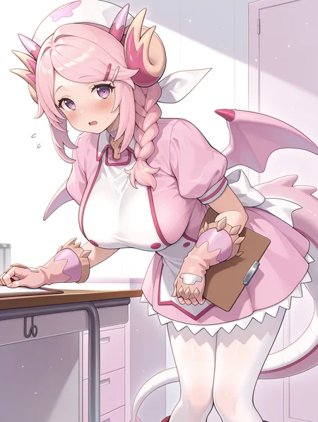 white nurse cap, nurse dragonmaid, pink wings, pink nurse dress, pink fingerless gloves, pink claws boots, 1girl, solo, large breasts, open mouth, looking at viewer, leaning forward, blush, white pantyhose, simple background, white background, clipboard, holding clipboard, hairclip,indoors, 
masterpiece,best quality,amazing quality,very aesthetic,absurdres,newest,<lora:Nurse dragonmaid illuXL v1.1:0.74>,