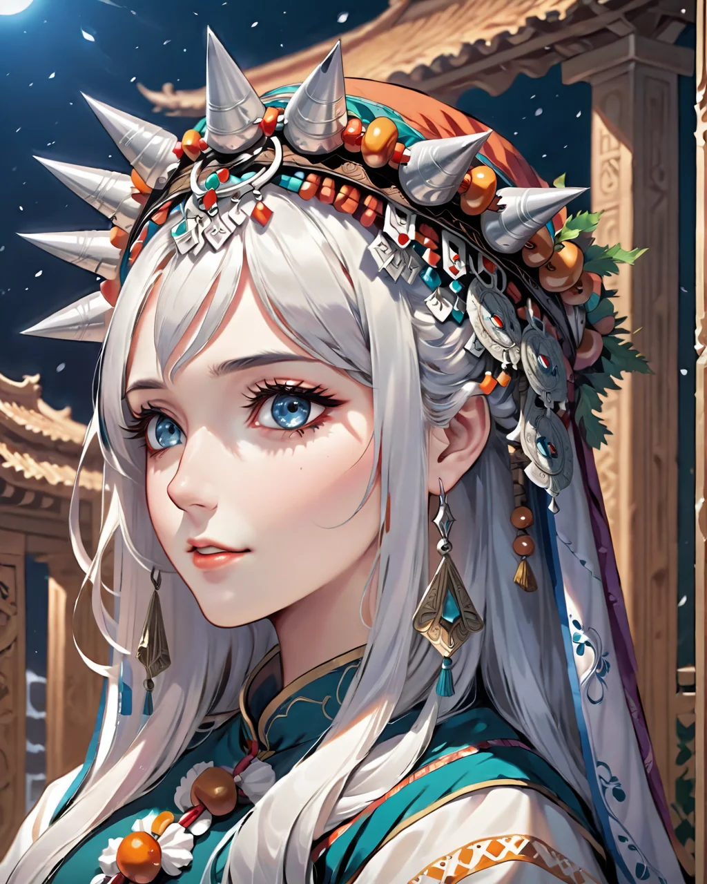 portrait, intricate details,close up of a Anime Mediterranean Fortuna Watching movies, ð¥´, Snowy, soft focus, Single Color, <lora:Tawenza-v1:0.8> beautiful, traditional, headdress