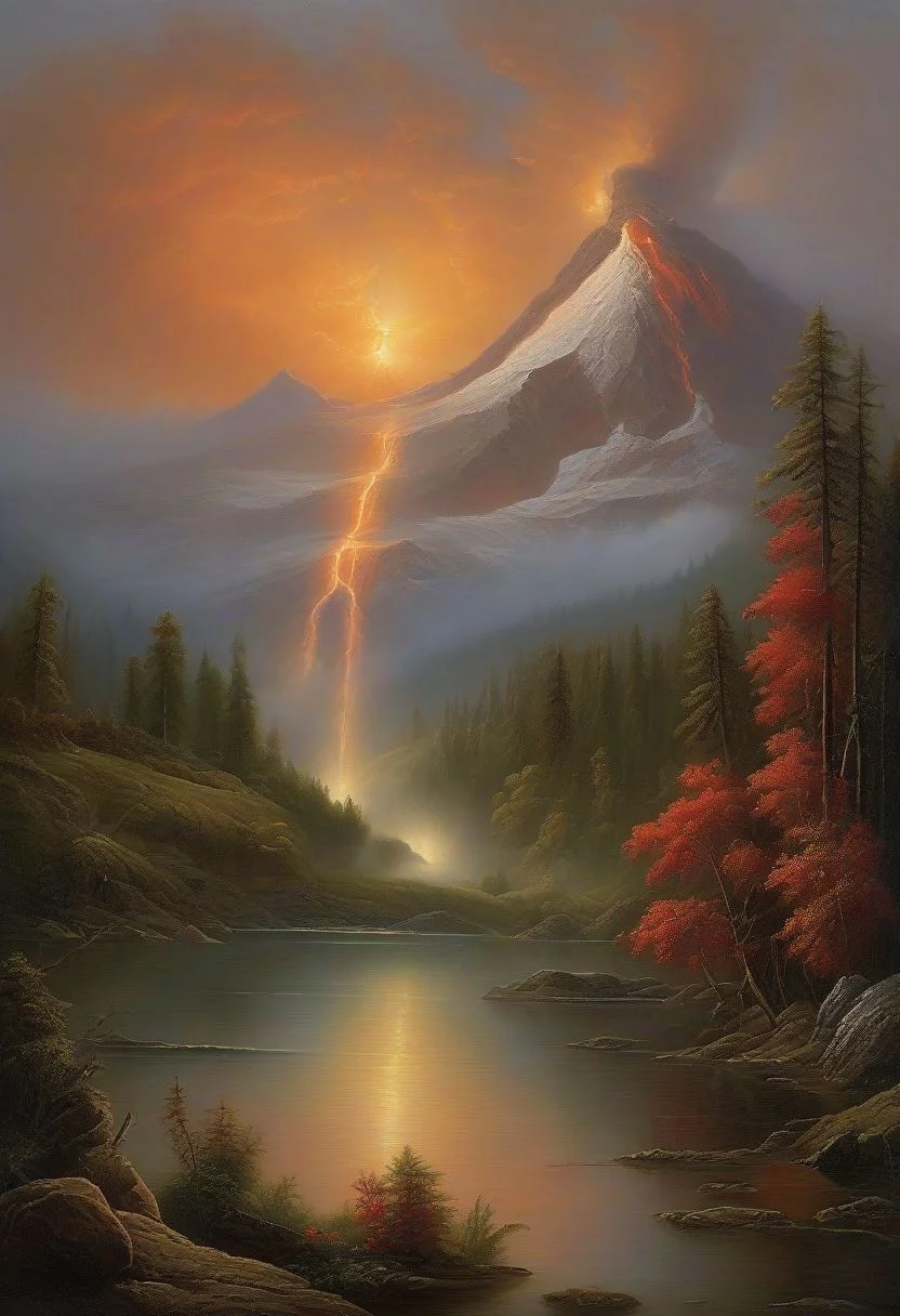 (masterpiece, best quality, highly detailed), stunning, transcendent, realism, a scene of unparalleled natural beauty: a serene lake nestled amidst towering mountains, with a small stream winding through lush meadows. The air is crisp, carrying the scent of pine, while the sky is ablaze with the colors of the setting sun. On the distant horizon, an erupting volcano spews molten lava into the air, casting an eerie red glow on the landscape. Amidst this spectacle, a campfire flickers on the shore, illuminating the water with its warm light. Snow-capped peaks rise majestically, waterfalls cascade down their slopes, and mist hangs in the air. Here, amidst the convergence of air, water, earth, fire, and the raw power of nature, one witnesses a truly transcendent moment of beauty that leaves an indelible mark on the soul, extra water detail, depth of view