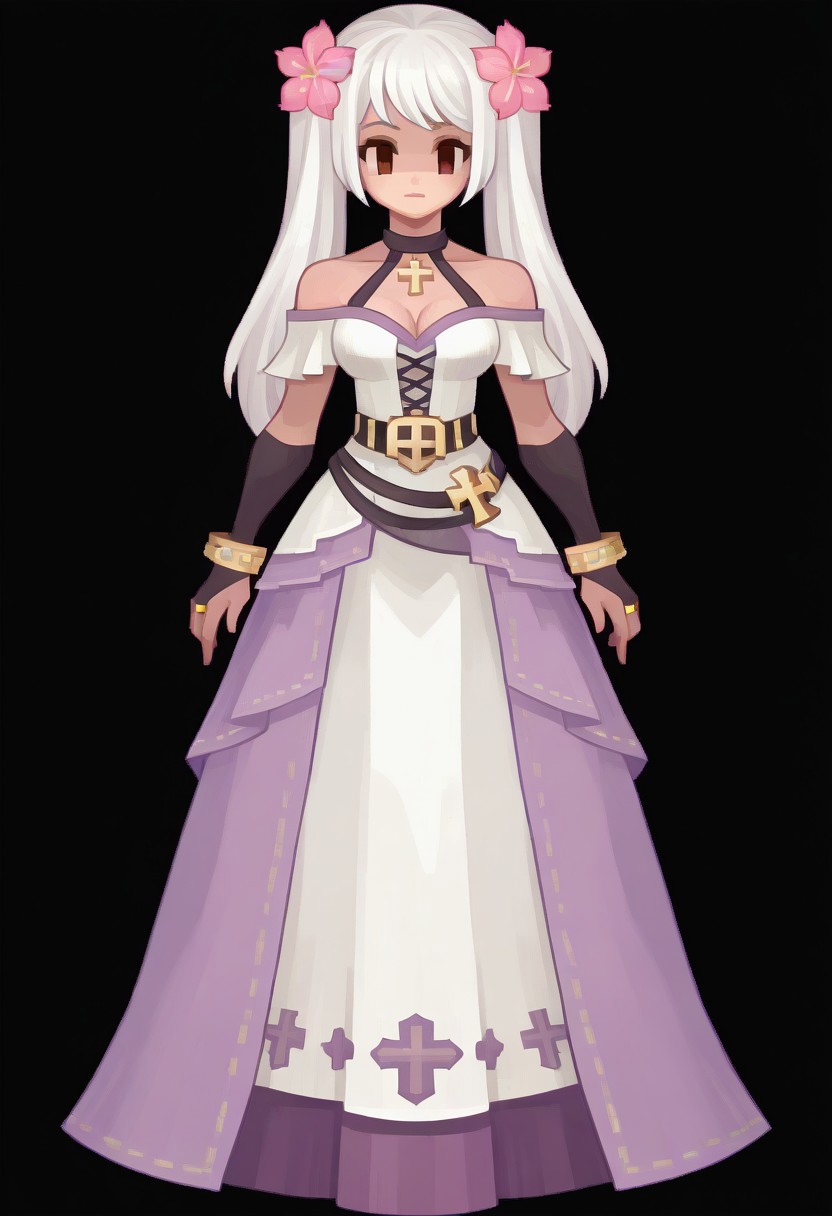 (Black background) long hair, white hair, twin tails, hair flower, pink flower, brown eyes, halter neck, long dress, white dress, off-shoulder dress, cross-laced dress, black gloves, bridal gauntlets, overskirt, purple skirt, black belt, bracelet, bare shoulders, collarbone, cleavage, afkArenaStyle, Ragnarok online character, Black filled oval eyes, ROSPRITE