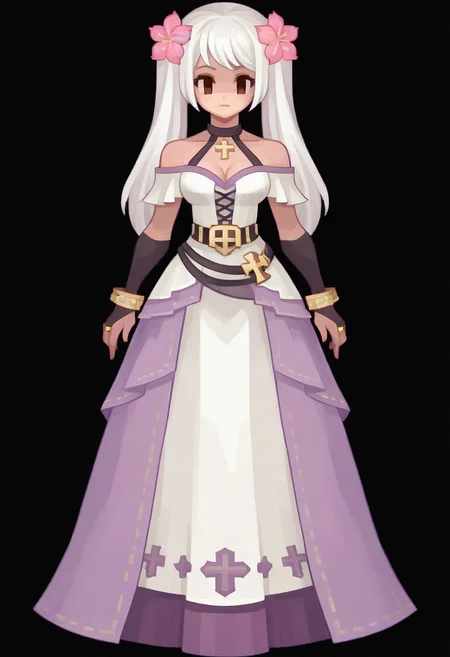 (Black background) long hair, white hair, twin tails, hair flower, pink flower, brown eyes, halter neck, long dress, white dress, off-shoulder dress, cross-laced dress, black gloves, bridal gauntlets, overskirt, purple skirt, black belt, bracelet, bare shoulders, collarbone, cleavage, afkArenaStyle, Ragnarok online character, Black filled oval eyes, ROSPRITE