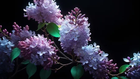 black background, translucent glass soft violet lilacs on a stem with leaves, ethereal, neon, only fill a the right side of the image following the rule of thirds, background, wallpaper, <lora:novaPrimeXL_v10:0.8>, <lora:chao style:0.7>, colorful, chao style, <lora:sdxl_photorealistic_slider_v1:2>,