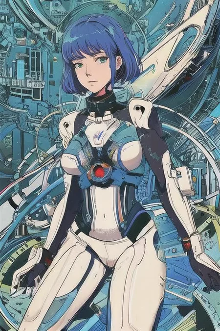 2d artwork, line artwork, comic aesthetics, 1girl, gorgeous, spacesuit mech, looking at viewer, surreal, breathtaking high-tech hardware background, line noise, ancient, retrofuturism, old comic paper, 1girl, beautiful face, spacesuit mech, short hair,