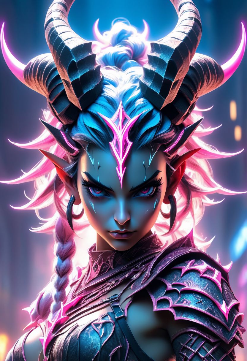 1girl, Horns, Witchcraft  sword, Neon Punk, (((beautiful, symmetrical eyes, symmetrical face, over-shoulder view, magical background fantasy, beautiful, masterpiece, extremely highly detailed, focused flash photo, amazing quality, best quality, hyper detailed, ultra detailed, HDR, UHD, perfect anatomy, depth of field, dramatic light, detailed atmosphere, volumetric light, high resolution, 8k, highly detailed, photorealistic, dramatic lighting, high quality, exquisite details, delicate atmospheres, intricate details, highly detailed textures))).