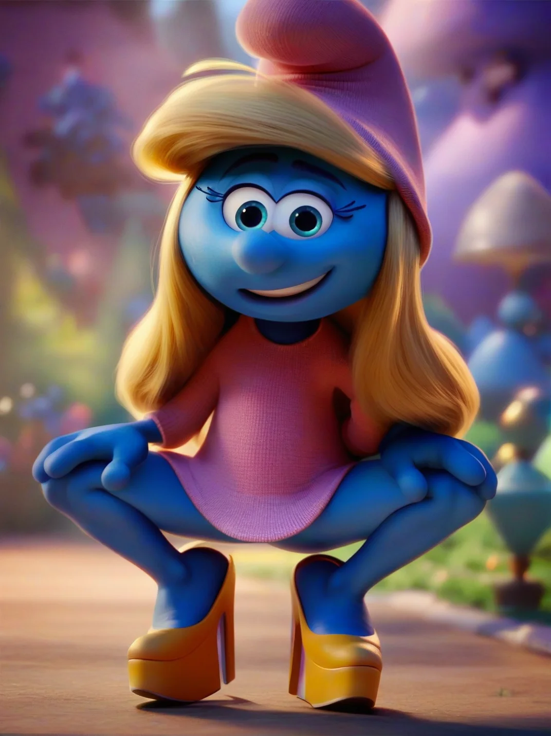 <lora:Smurfette:0.8> sm_tte, 1girl, blue skin, blonde hair, hat, looking at viewer, squatting, front view, spreading legs, platform heels, score_9, score_8_up, score_7_up,