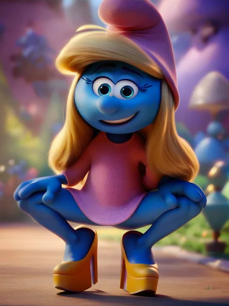 <lora:Smurfette:0.8> sm_tte, 1girl, blue skin, blonde hair, hat, looking at viewer, squatting, front view, spreading legs, platform heels, score_9, score_8_up, score_7_up,