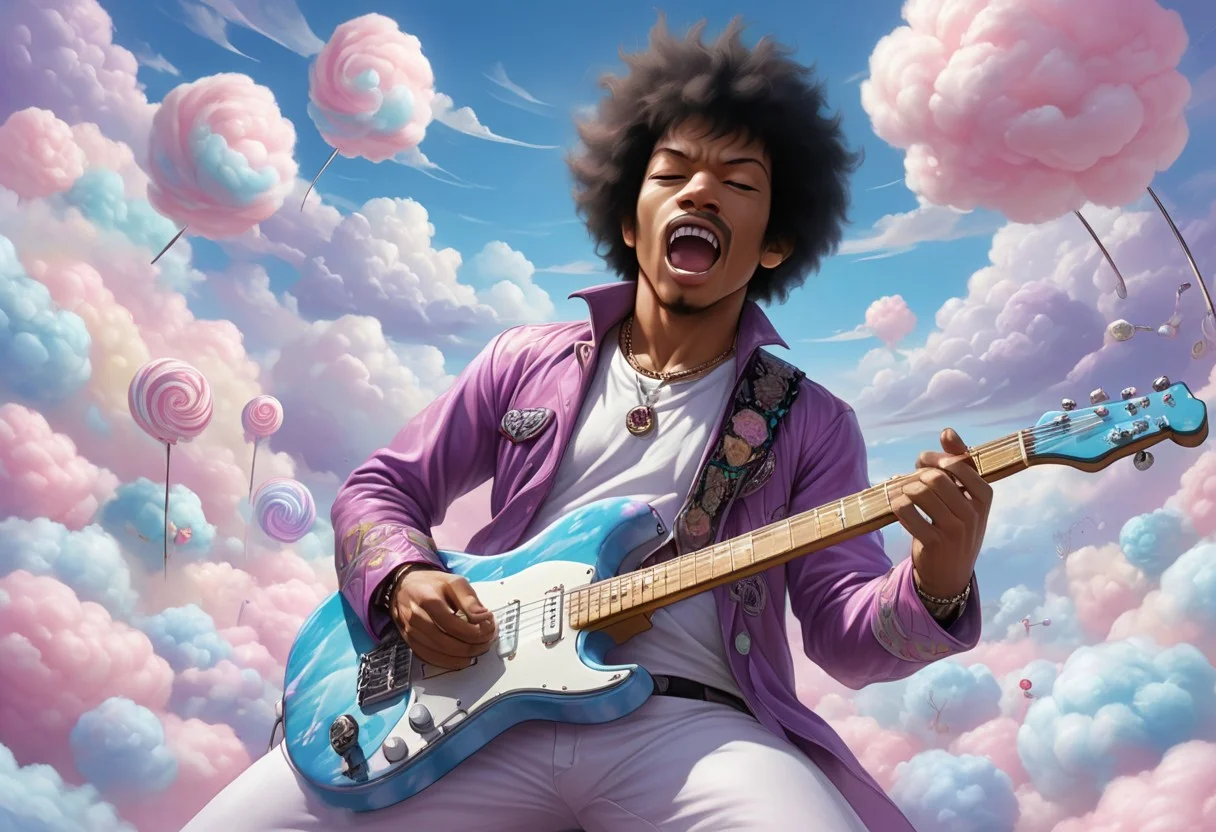 cottoncandy, action shot, detailed, Jimi Hendrix playing guitar made of purple cottoncandy, surrounded by transparent multicolor clouds made of cotton candy