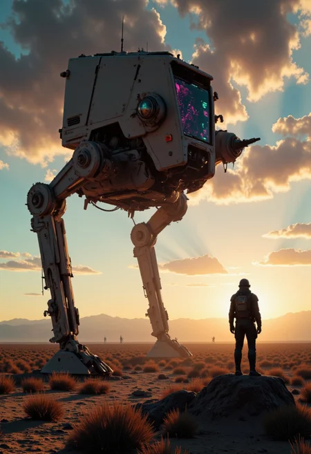 artilands02, ethdysty, A cinematic wide shot captures a vast desert landscape at sunset. Colossal beehive towers extend into space, their surfaces flickering with matrix-like code cascades and cyberpunk glitch effects. A large Yellow StarWars at-st walker Stands in the foreground, filling half the frame. Closeup infront the scenery. Reality tears apart around them in shards of neon purple and acid green, creating digital artifacts and corruption zones. The atmospheric barrier where they pierce the sky fragments into crystalline digital shards. The desert ground beneath shows scanline distortions and polygon breaks, while quantum visual noise fills the air. The structures themselves phase between physical and digital states, their patterns decomposing into raw data. neon-mist
