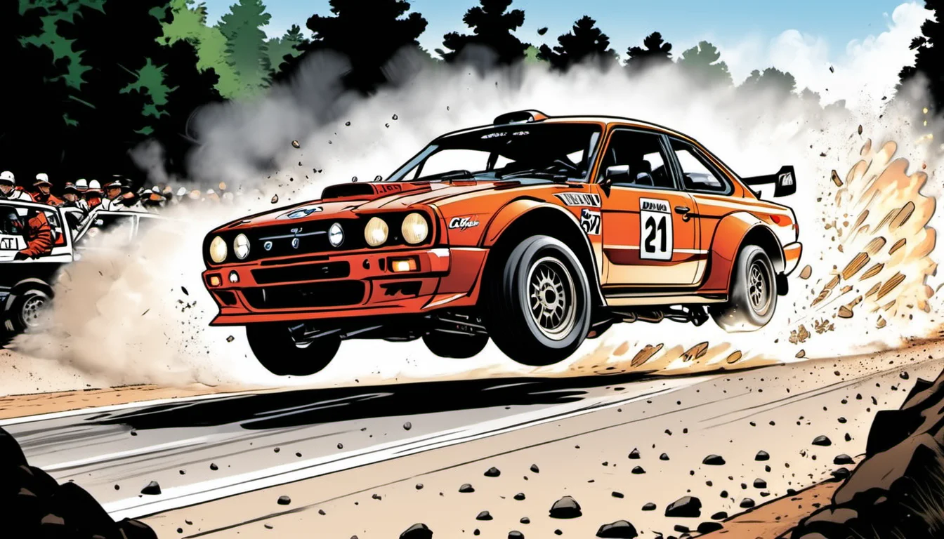 breathtaking graphic novel illustration of a Rally car drifting around a tight corner, gravel spraying out. <lora:Graphic_Novel_Illustration-000007:1>