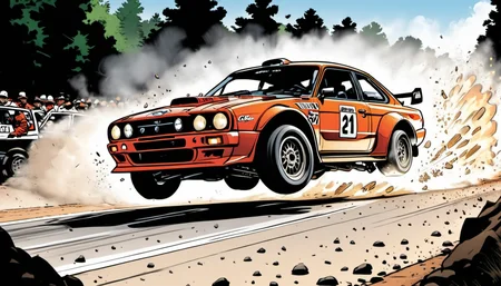 breathtaking graphic novel illustration of a Rally car drifting around a tight corner, gravel spraying out. <lora:Graphic_Novel_Illustration-000007:1>