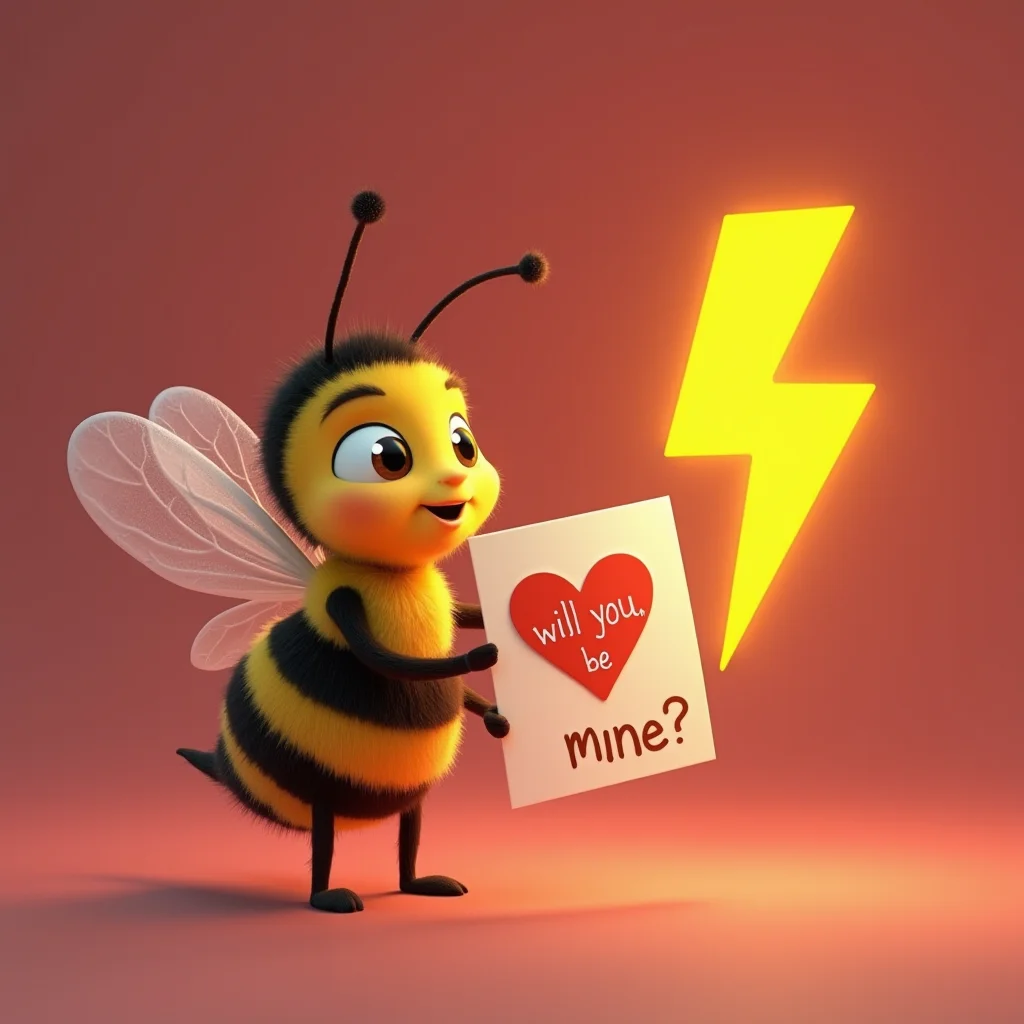 A cartoon bee, Pixar style, looking lovingly at a yellow lightning bolt symbol and offering it a valentines card, text 'will you be mine?'."