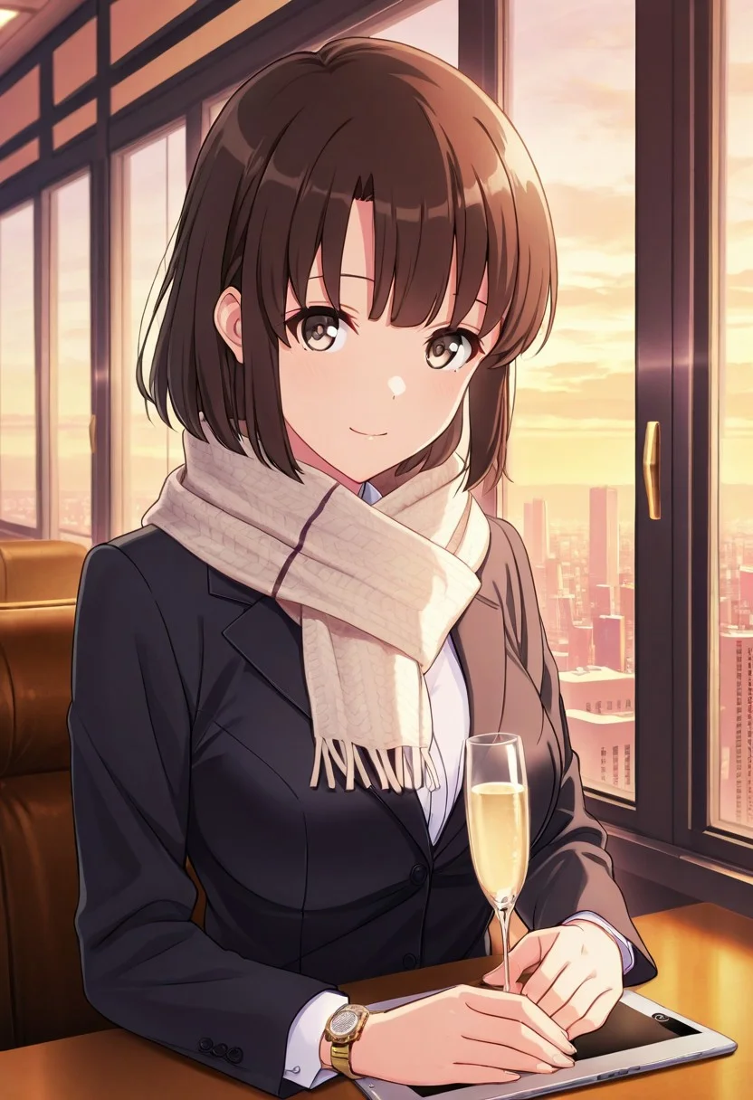 masterpiece, best quality, 1girl,Megumi <lora:IL-KatoMegumi:0.8>,brown hair,katou megumi,brown eyes,medium breasts, short hair, ,medium breasts, looking at viewer, masterpiece, best quality, designer business suit, silk scarf, luxury watch, private jet interior background, leather seats, champagne glass, window view of clouds, city lights below, sophisticated pose, confident business smile, mahogany tables, ambient cabin lighting, tablet device nearby, expensive furnishings, sunset through airplane window, high-class atmosphere, golden hour lighting, corporate lifestyle, three-quarter view framing