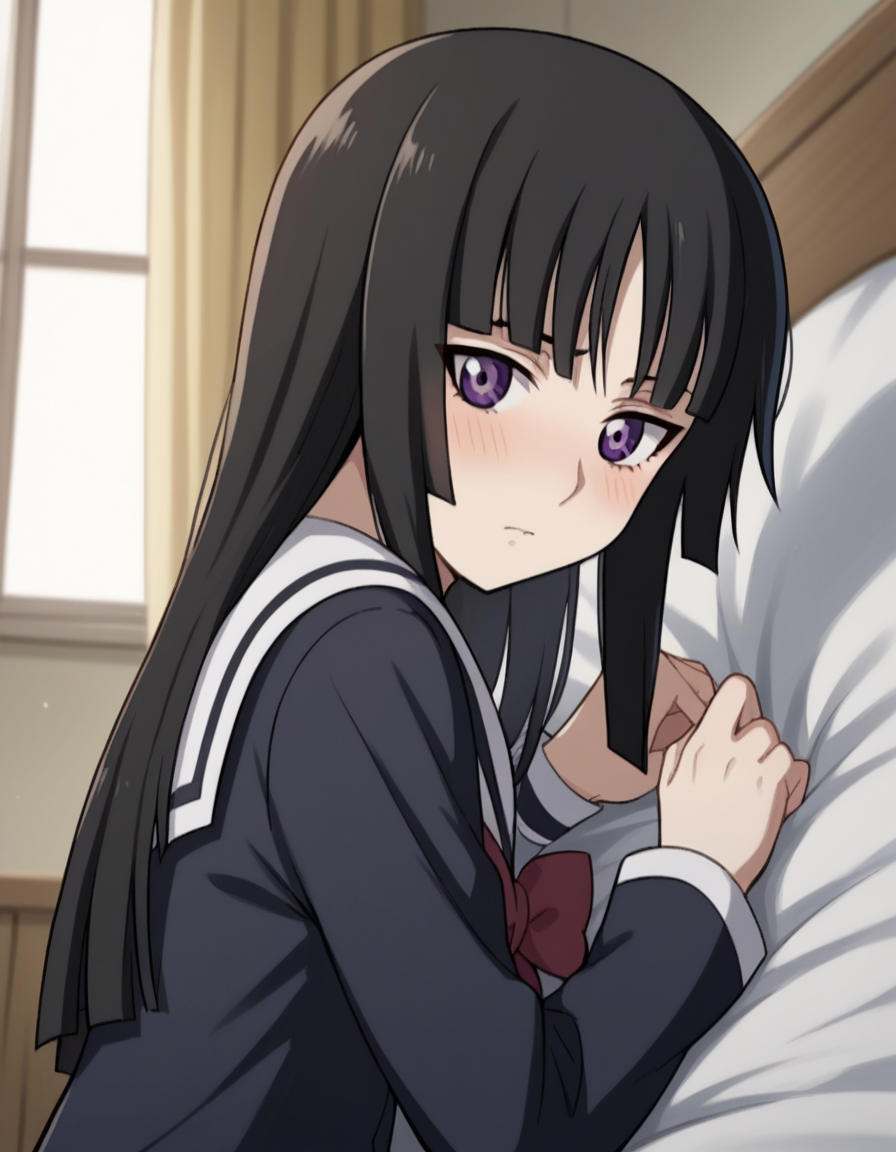 score_9, score_8_up, score_7_up, source_anime, <lora:yomi-isayama-s1-ponyxl-lora-nochekaiser:1>, yomi isayama, long hair, bangs, black hair, purple eyes, blunt bangs, hime cut, long sleeves, bow, school uniform, serafuku, black serafuku,, indoors, bed, bed room, on side, blush, drunk, looking at viewer, solo,, cowboy shot, dutch angle