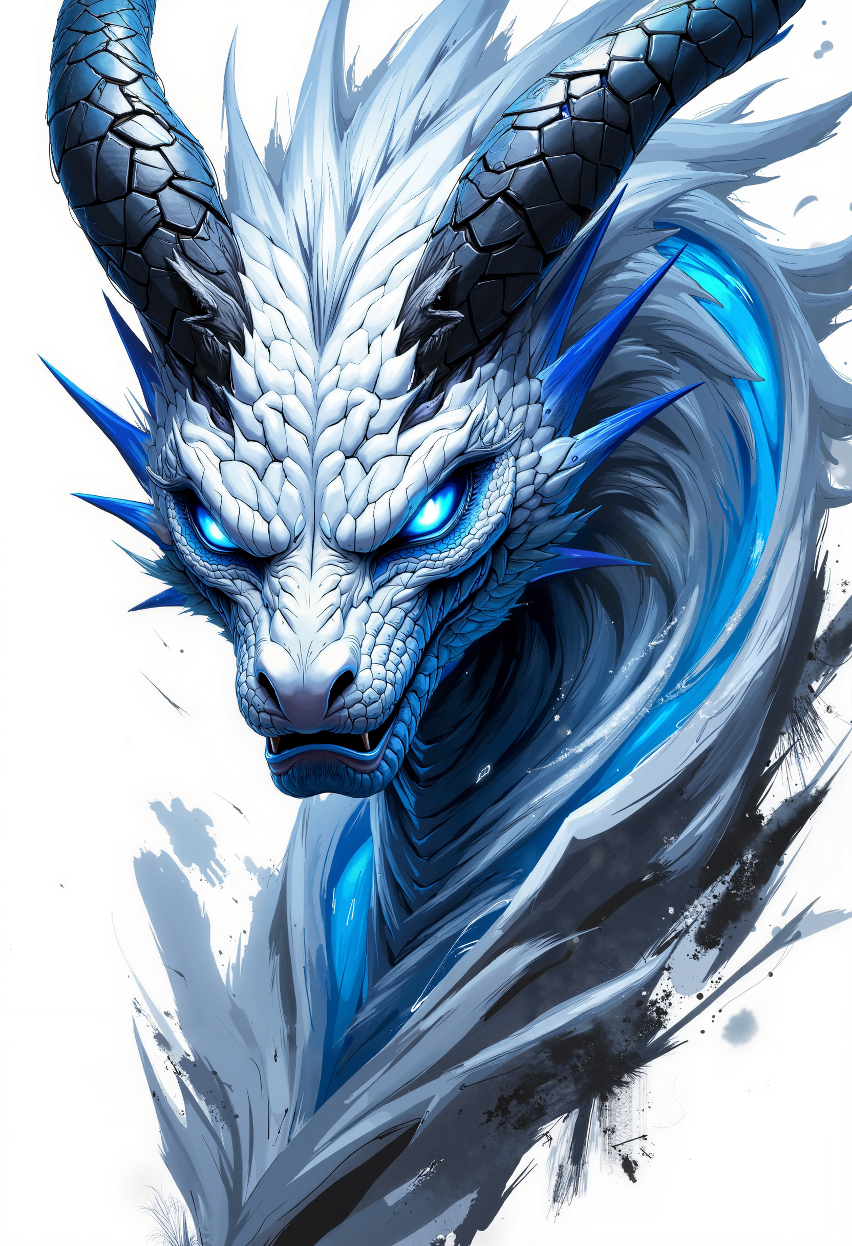 high quality, ultra detailed, colorful, dark fantasy, bo-snakecult, bo-neon, a highly detailed, digital artwork depicting a fierce, mythical creature with a menacing expression, the creature's head is the focal point, showcasing its sharp, angular horns and piercing blue eyes that glow with an otherworldly light, its skin is predominantly white with subtle, textured scales that resemble dragon scales, giving it a reptilian or dragon-like appearance, the texture of the scales is rough and jagged, with some areas appearing darker than others, adding to the sense of depth and realism, the background is a stark, white, with abstract brushstrokes and splashes of blue and gray, creating a sense of movement and chaos, the overall color palette is dominated by cool tones, with the blue tones dominating the upper part of the image, enhancing the ethereal and otherworldly feel, the artwork style is highly realistic, with a focus on intricate details and textures, typical of high-quality digital art, the subject's gaze is intense and focused, with sharp, pointed teeth and a sense for intensity and power, the image exudes an otherworld of fantasy and realism<lora:boFLUX Abyss Neon.safetensors:0.8:0.8> <lora:FLUX Snakecult\bo-snakecult_epoch_4.safetensors:1.0:1.0>