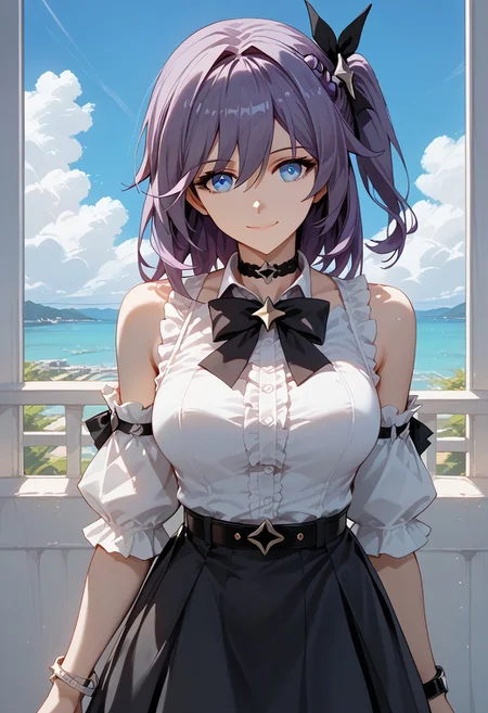 score_9,score_8_up,score_7_up,source_anime,ASTA_(HONKAI_STAR_RAIL),1girl,solo,long hair,breasts,looking at viewer,smile,blue eyes,shirt,skirt,hair ornament,bow,closed mouth,jewelry,bare shoulders,standing,white shirt,braid,purple hair,frills,detached sleeves,sleeveless,choker,medium hair,belt,bowtie,black skirt,bracelet,sleeveless shirt,black bow,one side up,black bowtie,center frills,id card,