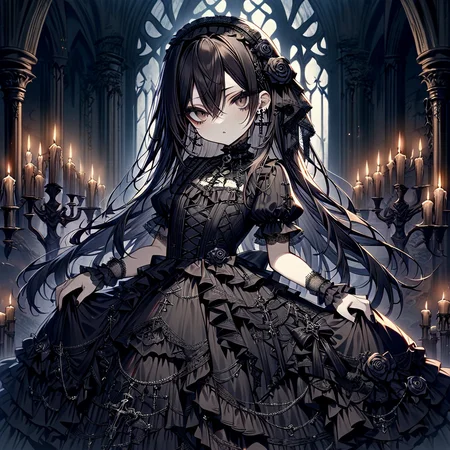 masterpiece,high resolution,detailed,
gothicstyle, 1girl, solo, dress, long hair, jewelry, earrings, gothic , looking at viewer, short sleeves, candle, black dress, black hair, cross, flower, bangs, black flower, frills, parted lips, black rose, rose, brown eyes, hairband, hair between eyes, hairband, hair ornament, puffy sleeves, puffy short sleeves, gothic, frilled dress
, <lora:Ghotic_haunted_world:0.8>