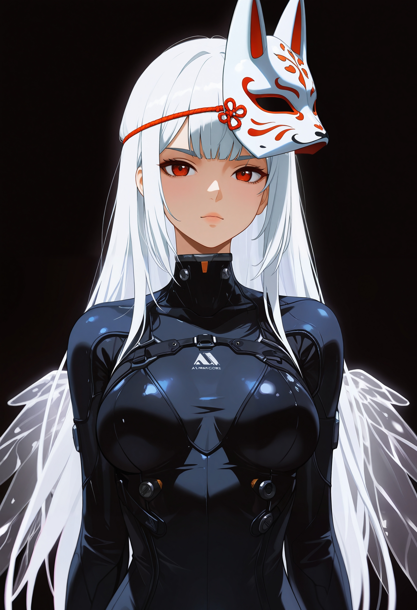 masterpiece, best quality, good quality, very aesthetic, absurdres, newest, 8K, depth of field, focused subject, 
in the style of ckncore, 
A closeup of a 1girl wearing a fox mask, looking at viewer, wearing tech suit and glass wings