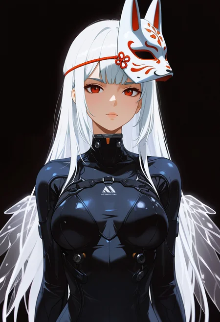 masterpiece, best quality, good quality, very aesthetic, absurdres, newest, 8K, depth of field, focused subject,
in the style of ckncore,
A closeup of a 1girl wearing a fox mask, looking at viewer, wearing tech suit and glass wings