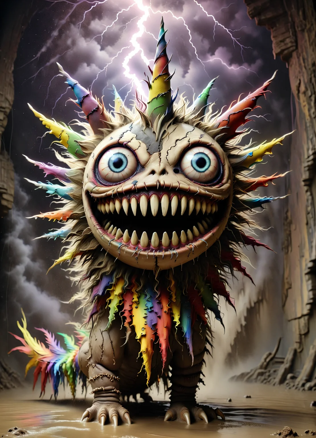 DonMCr33pyD0115XL a pulsating vortex lightning celestial Yong, mud skin, frills, quadrupple of rainbow wings, spiked tails, , <lora:DonMCr33pyD0115XL:1>