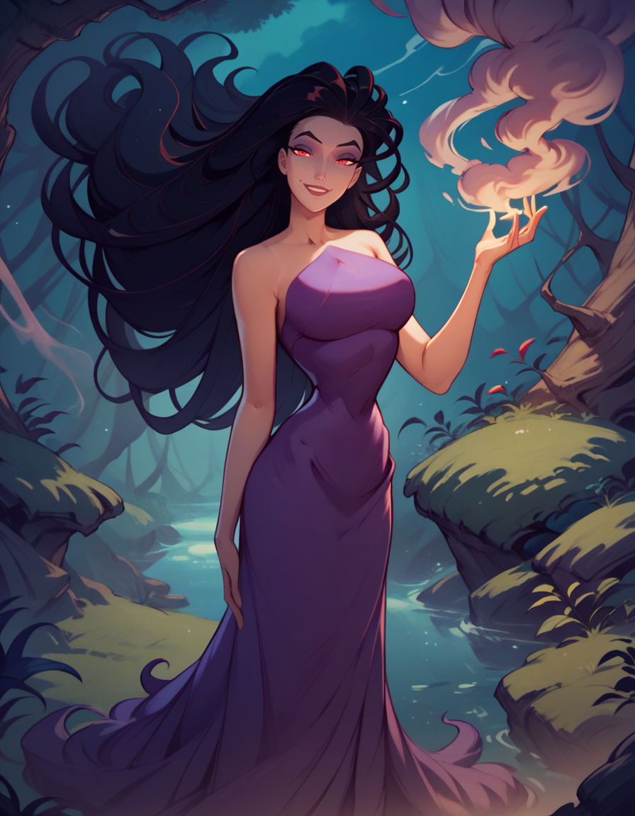score_9, score_8_up, score_7_up, score_6_up, 
1girl,solo,
large breasts,
ErisDG,
long hair, black hair, red eyes, makeup, 
floating hair,
smoke, full body, 
forest,  fantasy, night, glowing, 
half closed eyes, looking at viewer, smile,
 <lora:Eris PXL v02-000003:1>