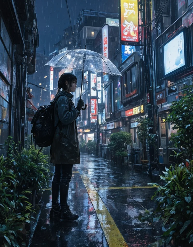 <lora:citybkgv2:1> citybkg, night, ambiance, detailed, very narrow walkway, billboards on buildings, japan, futuristic, street marking, from ground view, city lights, high buildings, vegetation, signs, vegetation, wet, rain, 18yo girl with a transparent umbrella