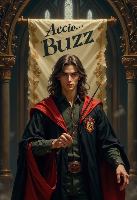 masterpiece, an image of Harry Potter wearing his Gryffindor robes, inside Howgarts castle, holding his wand. Above Harry Potter, there is an old-looking scroll that says 'Accio... Buzz'