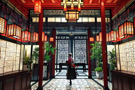 highly insanely detailed, masterpiece, top quality, best quality, highres, 4k, 8k, RAW photo, (very aesthetic, beautiful and aesthetic),
(code_style,codestyle),traditional chinese text,japanese text,(sympattern,geometric pattern:1.4),
<lora:CodeStyle (half generic class)_564920:0>,
(1girl:1.3), 1other,
hotel lobby interior,âââ