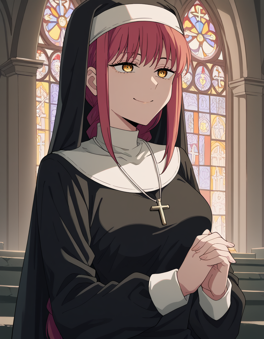 score_9, score_8_up, score_7_up, source_anime, <lora:chainsaw-man-makima-s1-ponyxl-lora-nochekaiser:1> makima, long hair, smile, bangs, yellow eyes, braid, red hair, braided ponytail, ringed eyes, medium breasts,, <lora:traditional-nun-ponyxl-lora-nochekaiser:1>, traditional nun, nun, habit, long sleeves, dress, black dress, jewelry, black veil, cross, cross necklace,, church, smug, praying,, cowboy shot