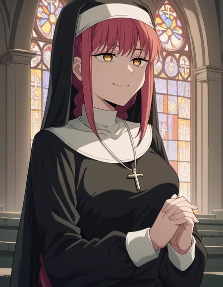 score_9, score_8_up, score_7_up, source_anime, <lora:chainsaw-man-makima-s1-ponyxl-lora-nochekaiser:1> makima, long hair, smile, bangs, yellow eyes, braid, red hair, braided ponytail, ringed eyes, medium breasts,, <lora:traditional-nun-ponyxl-lora-nochekaiser:1>, traditional nun, nun, habit, long sleeves, dress, black dress, jewelry, black veil, cross, cross necklace,, church, smug, praying,, cowboy shot