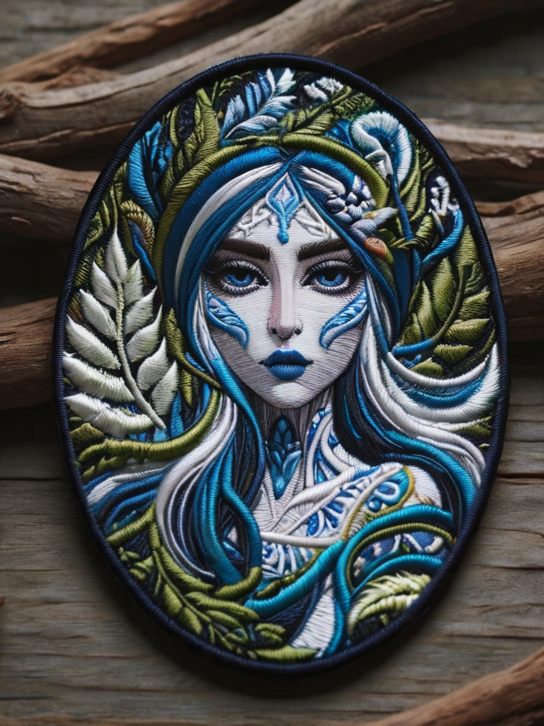 hyper detailed masterpiece, dynamic, awesome quality, female, beautiful, alluring, long flowing blue and white hair covering part of the face, traditional attire, forest natural surroundings, seductive, mysterious forest spirit, mischievous <lora:ral-embroideredpatch:1> ral-embroideredpatch