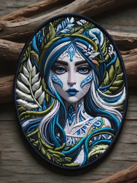 hyper detailed masterpiece, dynamic, awesome quality, female, beautiful, alluring, long flowing blue and white hair covering part of the face, traditional attire, forest natural surroundings, seductive, mysterious forest spirit, mischievous <lora:ral-embroideredpatch:1> ral-embroideredpatch