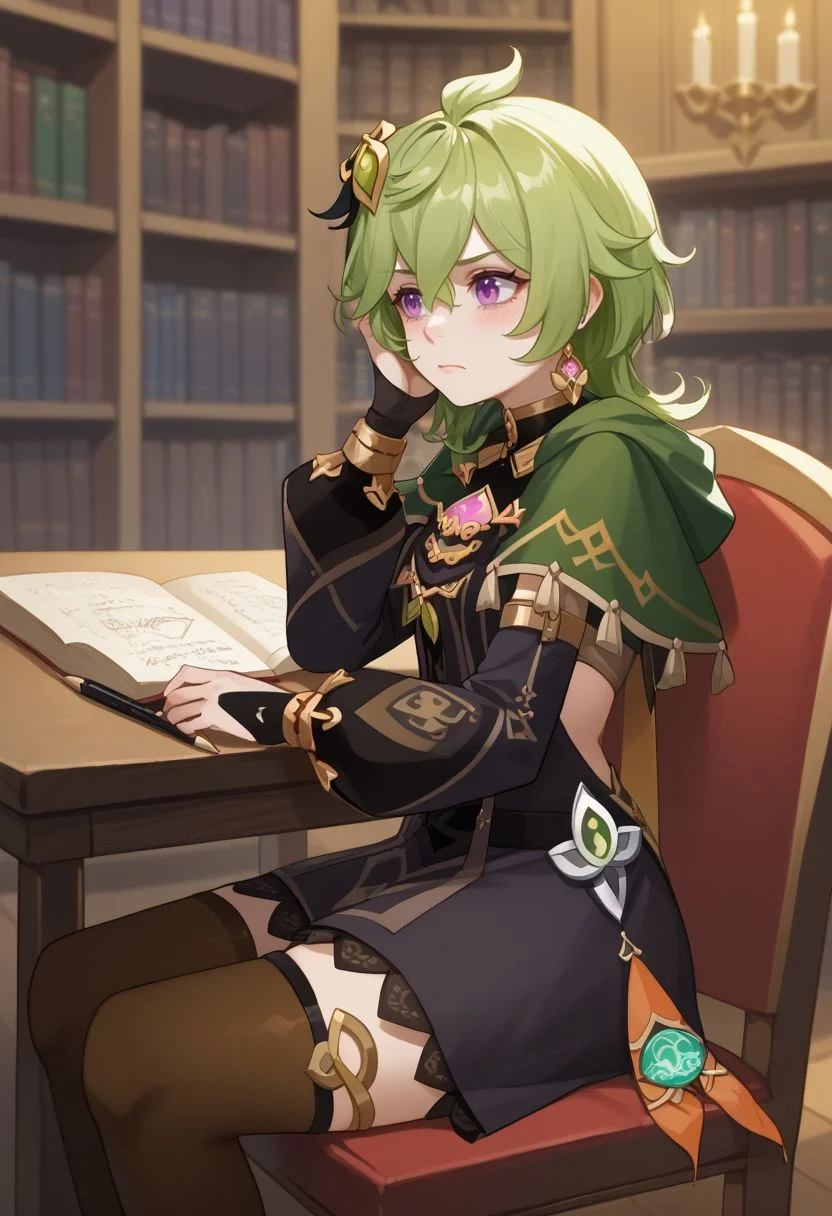 score_9, score_8_up, score_7_up, source_anime, 1girl, colleidef, green hair, medium hair, purple eyes, hair ornament, hair between eyes, ahoge, earrings, single earring, jewelry, green capelet, black dress, detached sleeves, puffy long sleeves, backless dress, bridal gauntlets, crossed bangs, brown thighhighs, asymmetrical legwear, thighlet, vision \(genshin impact\), sitting, on chair, table, books, writing, holding pen, looking at object, frown, blush, indoors, library, hand in own hair, <lora:Collei_v1-000010:1>