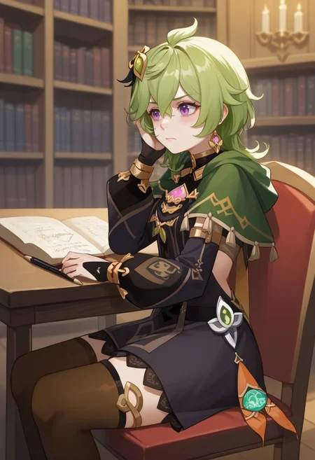 score_9, score_8_up, score_7_up, source_anime, 1girl, colleidef, green hair, medium hair, purple eyes, hair ornament, hair between eyes, ahoge, earrings, single earring, jewelry, green capelet, black dress, detached sleeves, puffy long sleeves, backless dress, bridal gauntlets, crossed bangs, brown thighhighs, asymmetrical legwear, thighlet, vision \(genshin impact\), sitting, on chair, table, books, writing, holding pen, looking at object, frown, blush, indoors, library, hand in own hair, <lora:Collei_v1-000010:1>