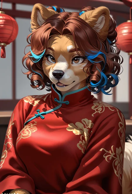 score_9, score_8_up, score_7_up, (by kittydee:1.5), (by jailbird:1.5), (by zummeng:1.5), masterpiece, best quality,
(Furry Art: Anthro: chow chow:1.5), 1girl, expressive eyes, feminine eyes, perfect face, feminine face, dog, canine, fluffy fur, dog ears, curled dog tail, reddish-brown fur, brown eyes, (reddish brown hair with pastel blue highlights:1.5), curly hair, chinese hair buns, medium breasts, chinese clothing, depth of field, foreshortening,