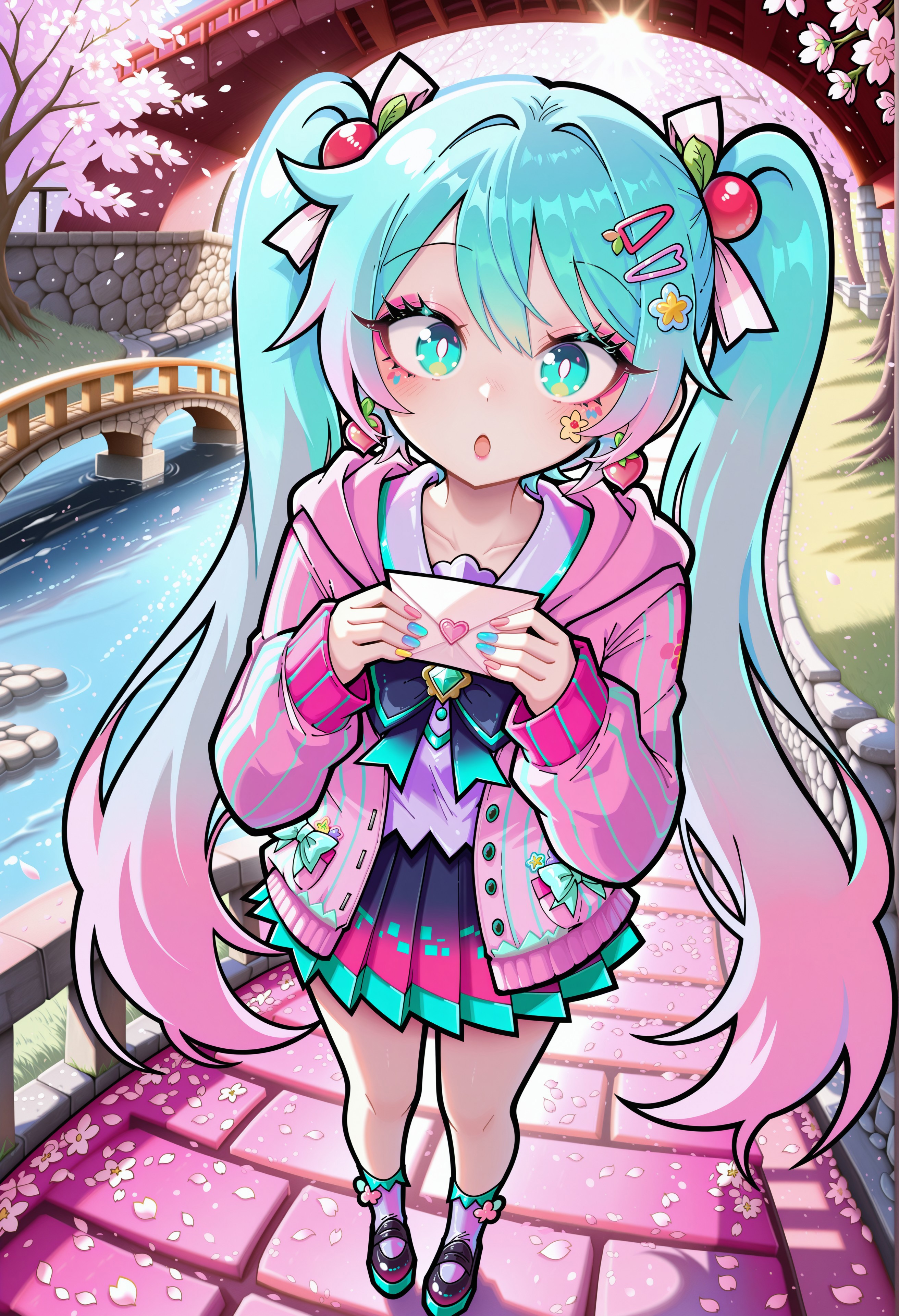 Funset, 1girl, hatsune miku, pastel pink hair, pastel blue hair, very long hair, twintails, hair ribbon, aqua eyes, bright pupils, multicolored hair, gradient hair, two-tone hair, hair ornament, (too many hair ornaments:1.2), hairpins, masterpiece, best quality, absurdres,
(yume kawaii, decora:1.2), pastel colors, pastel pink, pastel blue, pastel purple, pastel serafuku, layered clothes, pastel pink jacket, ribbed jacket, hood down, sleeves past wrists, pastel purple blouse, bows, ribbons, earrings, gem brooch, jewelry,
lipgloss, long eyelashes, eyeshadow, blush, kawaii makeup, fingernails, nail polish, multicolored nails,
outdoors, cherry blossom trees, cherry blossoms, falling petals, wind, sunbeam, shadows, bridge, stone bridge, river, path, railing, wall, (under bridge),
solo, full body, :o, looking at viewer, hands on own chest, holding letter, love letter, sticker on face, sticker on hair,
intricate, highly detailed, majestic, shallow depth of field, movie still, circular polarizer, light particles, particles