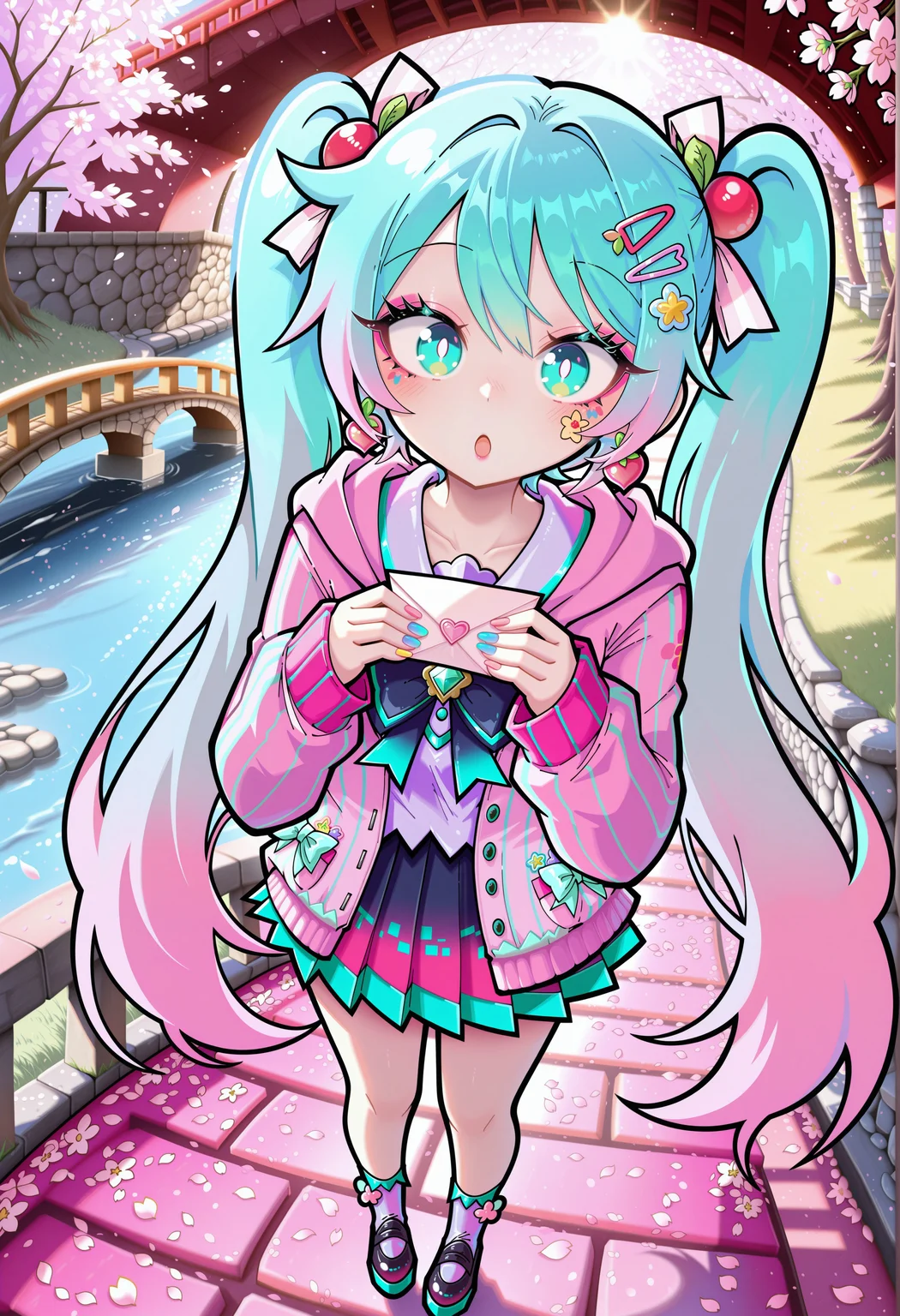Funset, 1girl, hatsune miku, pastel pink hair, pastel blue hair, very long hair, twintails, hair ribbon, aqua eyes, bright pupils, multicolored hair, gradient hair, two-tone hair, hair ornament, (too many hair ornaments:1.2), hairpins, masterpiece, best quality, absurdres,
(yume kawaii, decora:1.2), pastel colors, pastel pink, pastel blue, pastel purple, pastel serafuku, layered clothes, pastel pink jacket, ribbed jacket, hood down, sleeves past wrists, pastel purple blouse, bows, ribbons, earrings, gem brooch, jewelry,
lipgloss, long eyelashes, eyeshadow, blush, kawaii makeup, fingernails, nail polish, multicolored nails,
outdoors, cherry blossom trees, cherry blossoms, falling petals, wind, sunbeam, shadows, bridge, stone bridge, river, path, railing, wall, (under bridge),
solo, full body, :o, looking at viewer, hands on own chest, holding letter, love letter, sticker on face, sticker on hair,
intricate, highly detailed, majestic, shallow depth of field, movie still, circular polarizer, light particles, particles