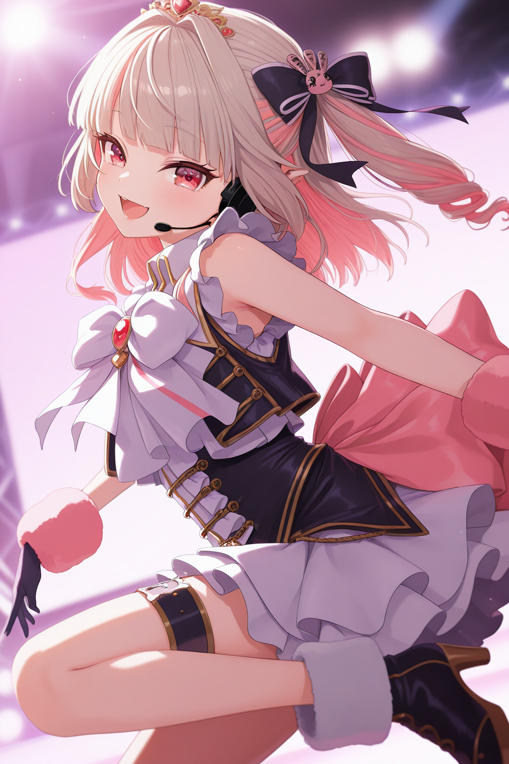 1girl,
MakaiNoRirimuNijisanji, MakaiNoRirimuIdolCostume,
general, solo, dynamic angle, half body,
grey hair, twin drills, eyelashes,
idol,
tiara, rabbit hair ornament, headset, idol clothes, thigh strap, high heel boots,
looking at viewer, \:D,
depth of field,
<lora:kp_MakaiNoRirimuNijisanjiIllustrious_v1_0:1.0>,
masterpiece, best quality, amazing quality