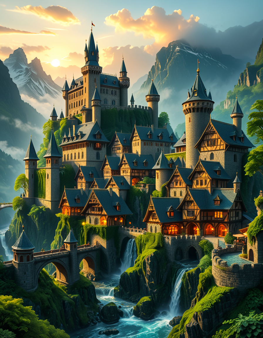 A breathtaking medieval fantasy city nestled in a lush valley, surrounded by towering mountains and dense forests. A grand castle with multiple towers and turrets stands atop a hill, overlooking the town below. The city consists of charming half-timbered houses with glowing windows, perched on rocky cliffs and connected by stone bridges over cascading waterfalls. The river flows through the village, reflecting the warm golden lights of lanterns and torches. Ivy and moss grow over the stone walls, adding to the enchanted, ancient atmosphere. The background features misty mountains with additional fortresses and watchtowers, partially hidden by low-hanging clouds. The sky is illuminated by a soft, warm sunset, casting a golden glow on the scenery, creating a perfect blend of realism and fantasy. Highly detailed, cinematic, and immersive, with a magical, fairy-tale ambiance.
<lora:SDXLFaeTastic2400:0.4> <lora:extremely_detailed:0.4> extremely detailed, <lora:medieval_f4nt4sy_c1ty:1>,medieval f4nt4sy c1ty, Masterpiece,best quality,hi res,8k,hi res,8k,award winning,(sharp focus, intricate, highly detailed),