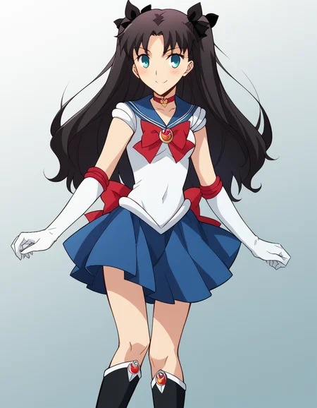 score_9, score_8_up, score_7_up, source_anime, rintohsaka, <lora:rin-tohsaka-ubw-ponyxl-lora-nochekaiser:1>, rin tohsaka, aqua eyes, black hair, hair ribbon, long hair, ribbon, sidelocks, two side up, parted bangs,, <lora:sailor-moon-cosplay-ponyxl-lora-nochekaiser:1>, sailormooncosplay, sailor moon \(cosplay\), back bow, blue sailor collar, blue skirt, boots, bow, brooch, choker, crescent moon, elbow gloves, gloves, jewelry, knee boots, magical girl, pleated skirt, red bow, red choker, ribbon, sailor collar, sailor senshi uniform, skirt, white gloves,,, outdoors, streets, smile, blush,, cowboy shot, dutch angle, solo,