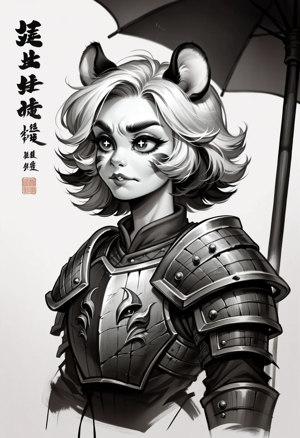 score_9, score_8_up, score_7_up, score_9, <lora:cllgrphy_pdxl_EliPot:1>,
monochrome, chinese text,
1girl, solo, solo focus,
monster girl, hamster girl,hamster ears, short eyebrows , rodent humanization , multicolored hair, bright pupils, orange and white hair, whisker markings, long eyelashes, cute face, pale skin,
battle axe, fur armor, war paint, rage expression, scarred body,
in the beach, summer sky, sunshade umbrella ,