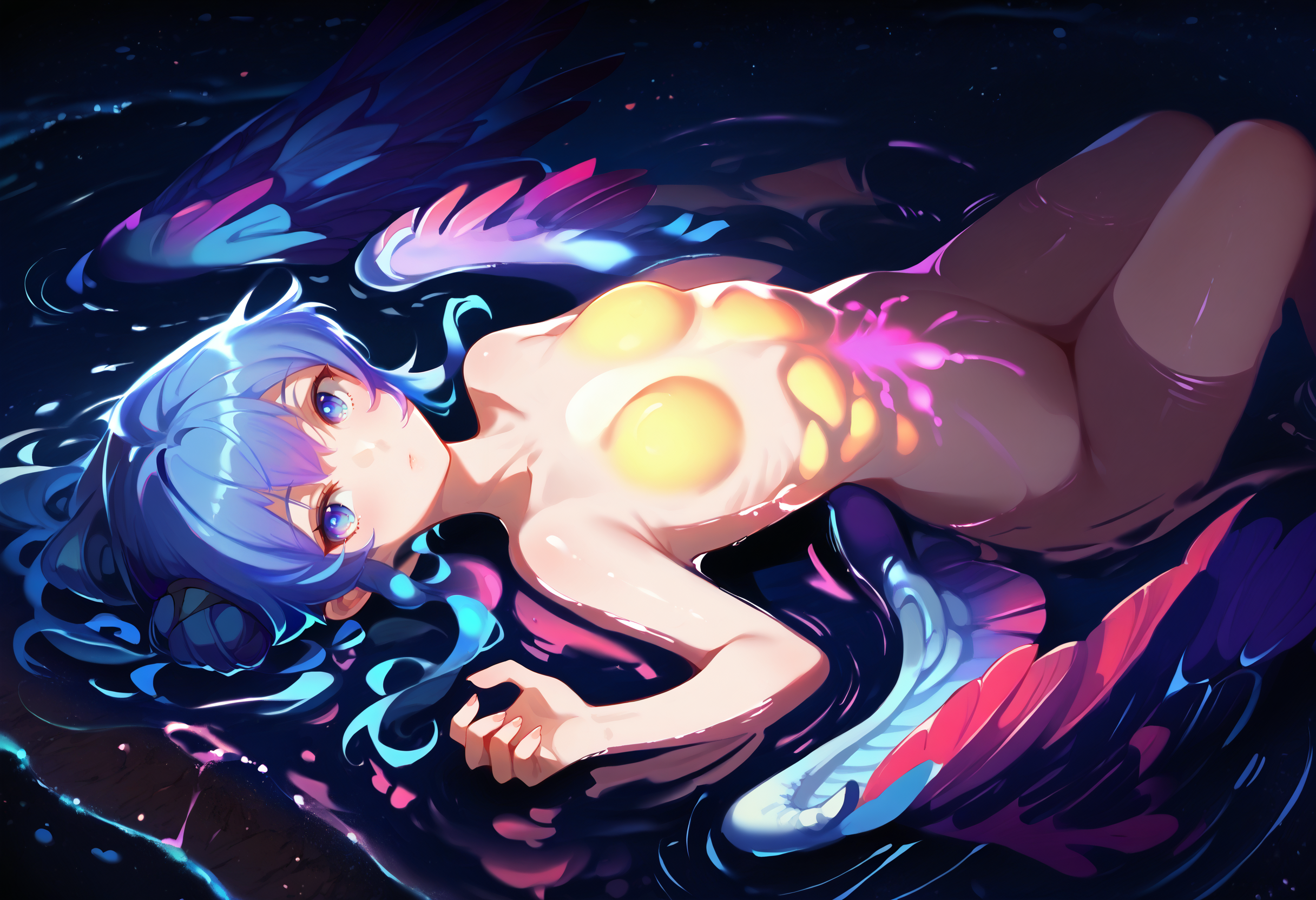 score_9, score_8_up, score_7_up, score_6_up, source anime,
ultraviolet, bioluminescence, phytoplankton, 1girl, seraph, feathered wings, multiple wings, solo, glowing skin, backlighting, looking at viewer, blue hair, colored skin, blue eyes,
lanr, upper body, glowing chest, from above, on back, partially submerged, ocean, reflective water,
outdoors, night, night sky,
<lora:ultraviolet_raver_reg_v10:0.8>
<lora:bioluminescence_monmusu_v15:0.8>
<lora:naip33:0.4>