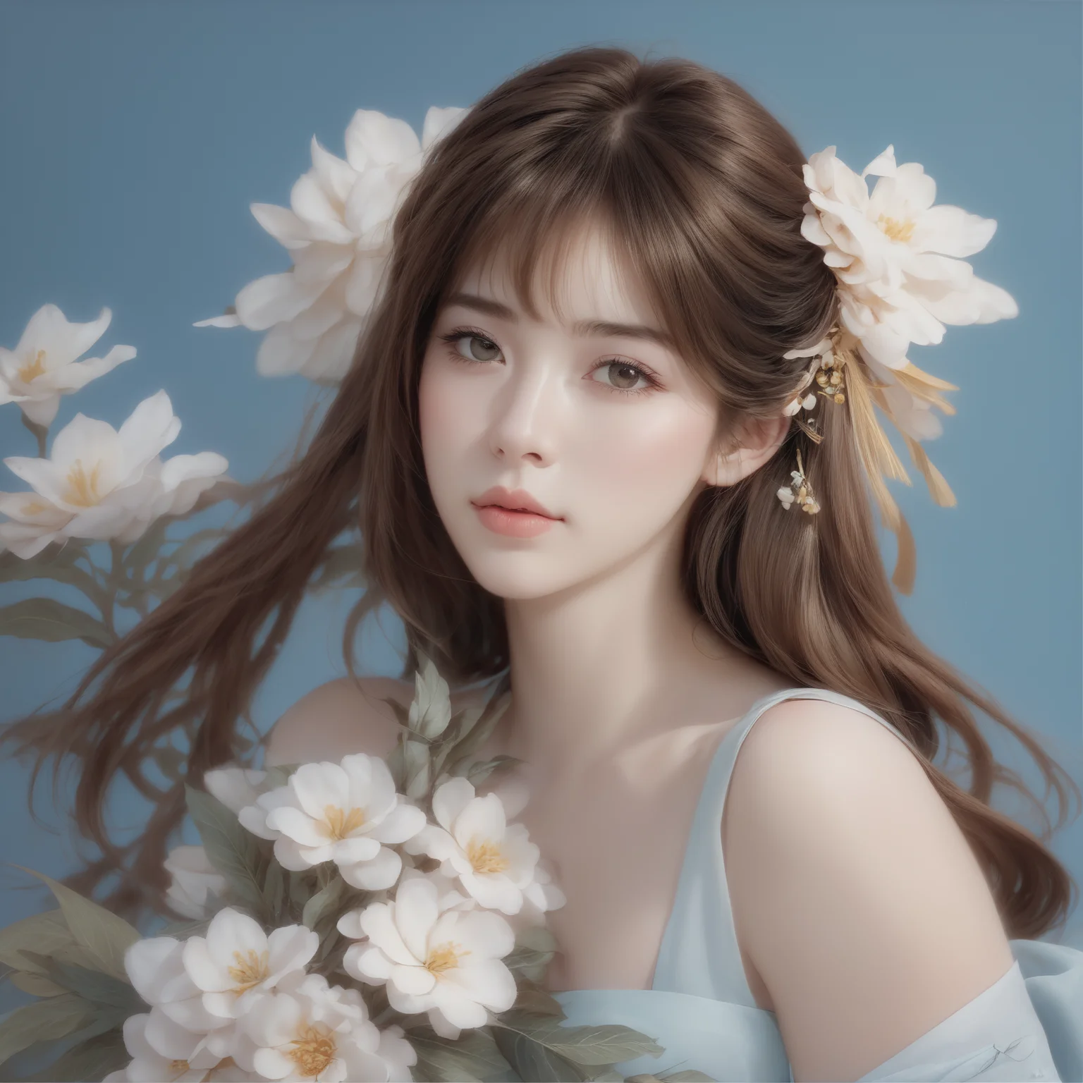 jinling,1girl, solo, flower, brown hair, looking at viewer, lips, realistic, black eyes, blue background, upper body, bouquet, hair flower, bangs, hair ornament, parted lips<lora:jinlingsdxl-000005:1>