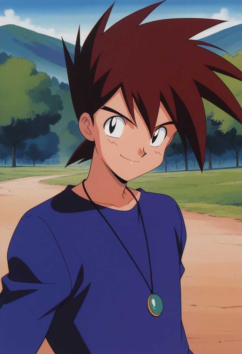 masterpiece,best quality,amazing quality, source_anime, 1990s (style), retro artstyle,
gary_kanto, 1boy, male focus, solo, black eyes, brown hair, spiked hair, shirt, purple shirt, jewelry, necklace, smile,
outdoor,