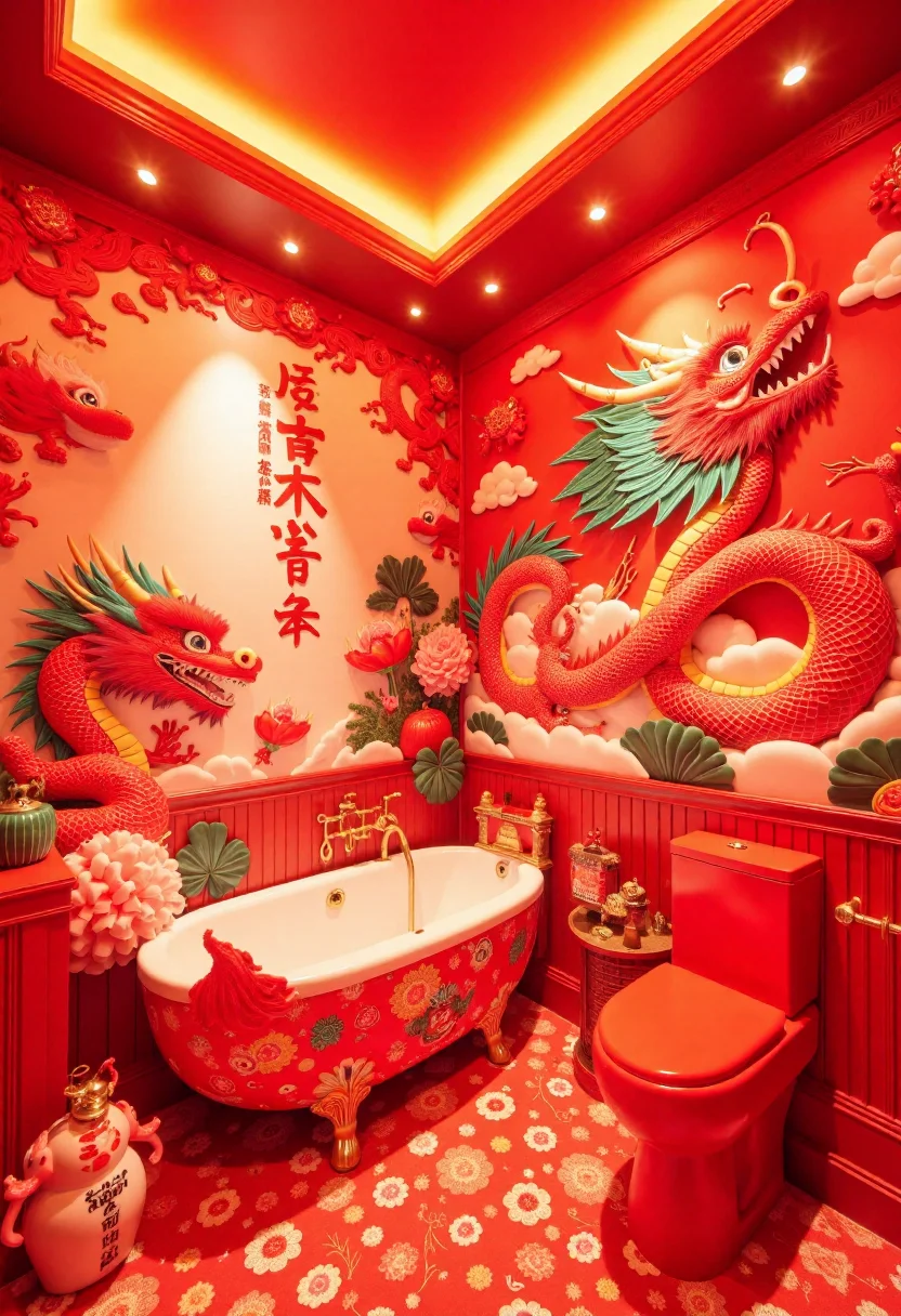 <lora:Custom_Bathroom_Crafter_FLUX-000013:0.8>
This is a photograph of a oriental, dragon themed bathroom, with red details, dragon shaped bathtub, and red toilet.